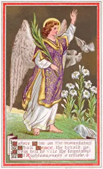 Doves Prints: Angel with birds and flowers on a greetings card