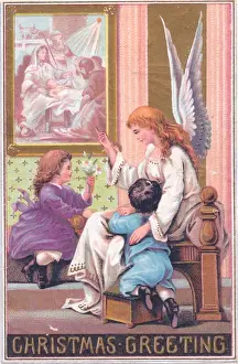 Angel with two children on a Christmas card