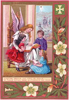 Angel and children on a Christmas card