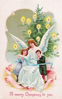 Angel with children and tree on a Christmas postcard