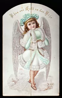 Angel with coat and hand muff on a German Christmas card