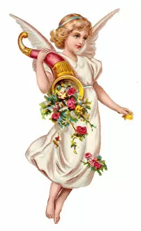 Angel with cornucopia of flowers on a Victorian scrap