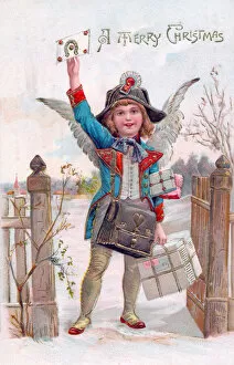 Angel delivering presents on a Christmas postcard