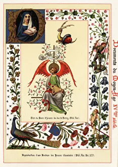 Typography Prints: Angel with dulcimer and border from Books of Hours, 15th century