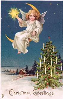 Angels Prints: Angel with star on a Christmas postcard
