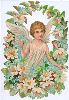 Angel surrounded by flowers on a Victorian scrap