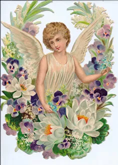 Pansies Gallery: Angel surrounded by flowers on a Victorian scrap