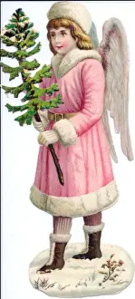 Angel with tree on a Victorian Christmas scrap