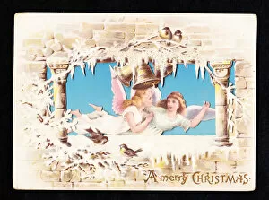 Cold Gallery: Angels, bells and birds on a cutout Christmas card