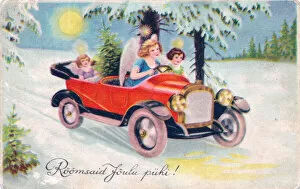Angels in a car on an Estonian Christmas postcard