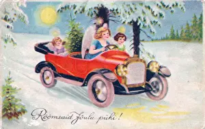 Angels in a car on an Estonian Christmas postcard