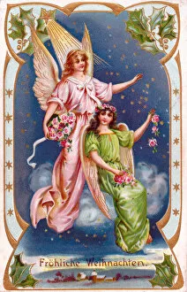 Angels with flowers on a German Christmas postcard