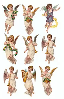 Angels with flowers and instruments on nine Victorian scraps