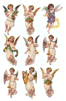 Images Dated 2nd November 2015: Angels with flowers and instruments on nine Victorian scraps