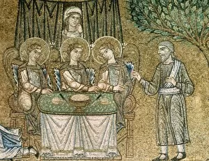 Three angels hosted by Abraham. Bible scene. Mosaic, 13th c