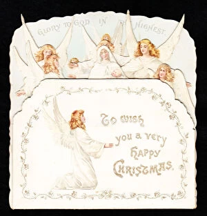 Images Dated 21st May 2018: Angels, Mary and Baby Jesus on a cutout Christmas card