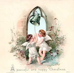 Cherub Prints: Two angels ringing a bell on a Christmas card