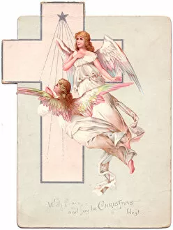 Nativity Gallery: Two angels with star and cross on a Christmas card