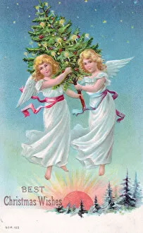Angels with tree on a Christmas postcard