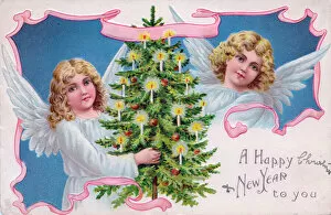 Angels with tree on a New Year postcard