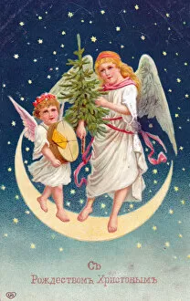 Angels with tree on a Russian Christmas postcard