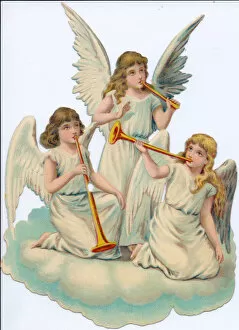Blowing Gallery: Angels with trumpets on a Victorian Christmas scrap