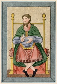 Mantle Collection: Anglo-Saxon with a forked beard wears a green mantle fastened with a long brooch