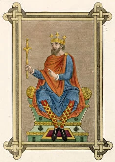 Images Dated 7th April 2021: Anglo-Saxon king in his State Habit wears a blue tunic with embroidered hem
