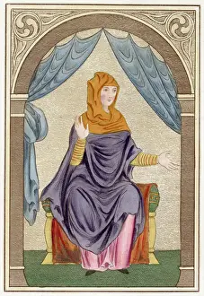 Veils Prints: Anglo-Saxon lady in a pink tunic or kirtle underneath a purple draped mantle