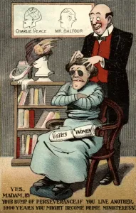 Democracy Prints: Anti-suffragette cartoon featuring woman and phrenologist