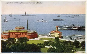 Immigration Prints: Aquarium (formerly Fort Clinton) in Battery Park and New York Harbour, NYC, USA