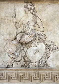 Allegoric Gallery: Ara Pacis Augustae. Goddess Roma, sitting on a pile of troph