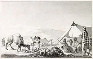 Watering Gallery: An Arab camp - a camel is given water whilst men rest in tents, smoking and drinking