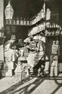 Arab tinsmiths at work in a shop, Cairo, Egypt