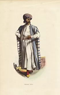 Arabian merchant with tattoos in turban, striped