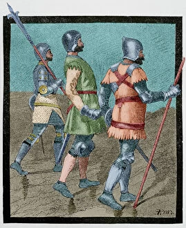 Iberian Collection: Aragonese warriors (1390). Engraving from a tryptich