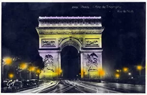 Illumination Gallery: The Arc de Triomphe, Paris, France - photographed at night. Date: circa 1930s