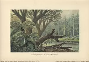 An archegosaurus by a river bank in a tropical