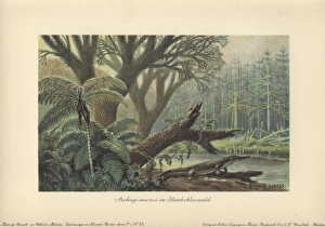 An archegosaurus by a river bank in a tropical An archegosaurus by a river bank in a tropical
