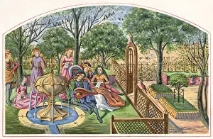 Trellis Prints: Aristocratic relaxation in the garden of Deduit - playing music as they sit round a