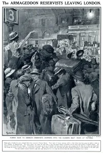 Aliens Prints: The Armageddon reservists leaving London, WW1, Matania