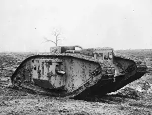 Armoured tank in a battlefield