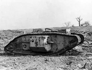 Battle Field Prints: Armoured tank on battlefield, Western Front, WW1