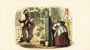 Goodbye Prints: An army officer kissing goodbye to a village girl at her window