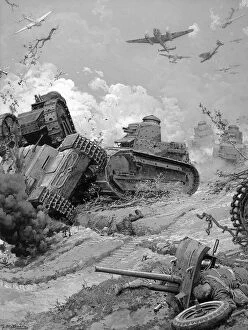 Conflict Collection: Army tanks in battle with planes overhead, WW2