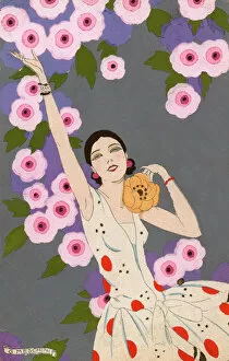 Pochoir Collection: Art Deco girl with pink flowers