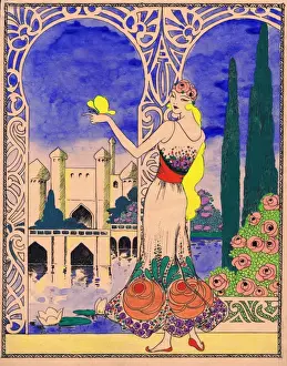 Art deco illustration for girl in Arabian setting, 1920s