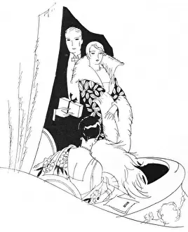 Art deco illustration of guests in a theatre box, 1920s