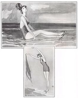 Art deco sketch of a bathing beauty by Jean Gabriel Domargue