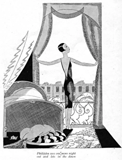Images Dated 4th March 2016: Art deco sketch by Fish of a woman opening the curtains